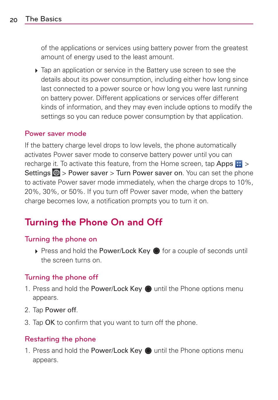 Turning the phone on and off | LG VS930 User Manual | Page 22 / 198