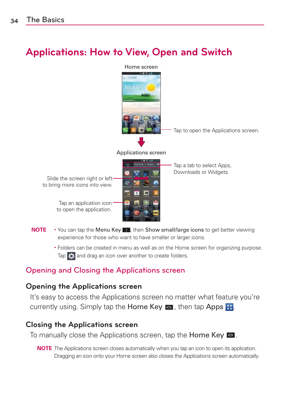 Applications: how to view, open and switch, The basics, Closing the applications screen | LG VS930 User Manual | Page 36 / 198