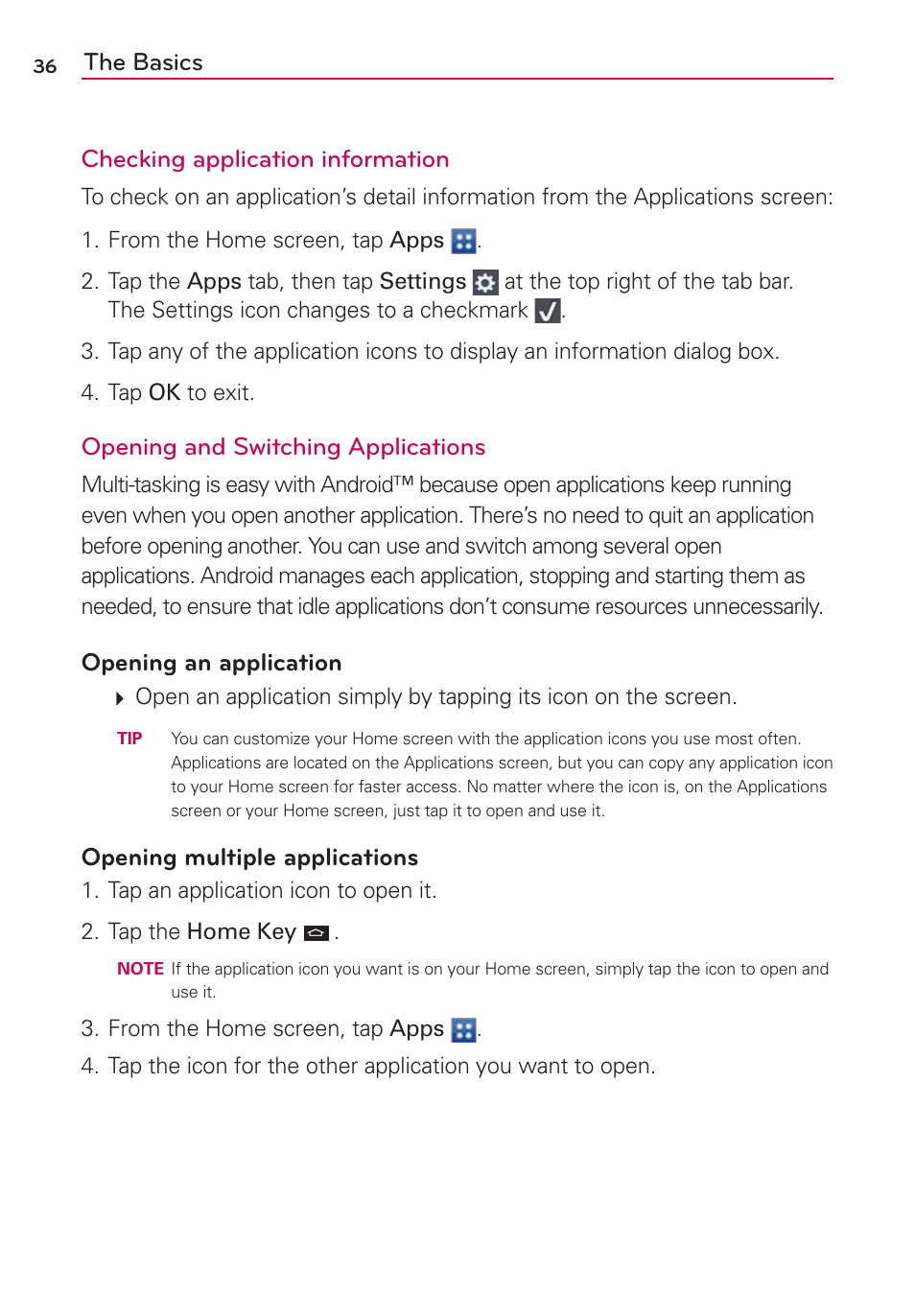 The basics checking application information, Opening and switching applications, Opening an application | Opening multiple applications | LG VS930 User Manual | Page 38 / 198