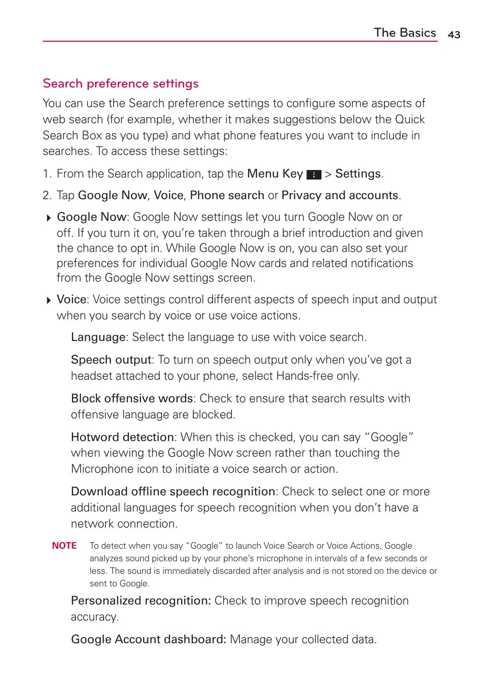 The basics search preference settings | LG VS930 User Manual | Page 45 / 198