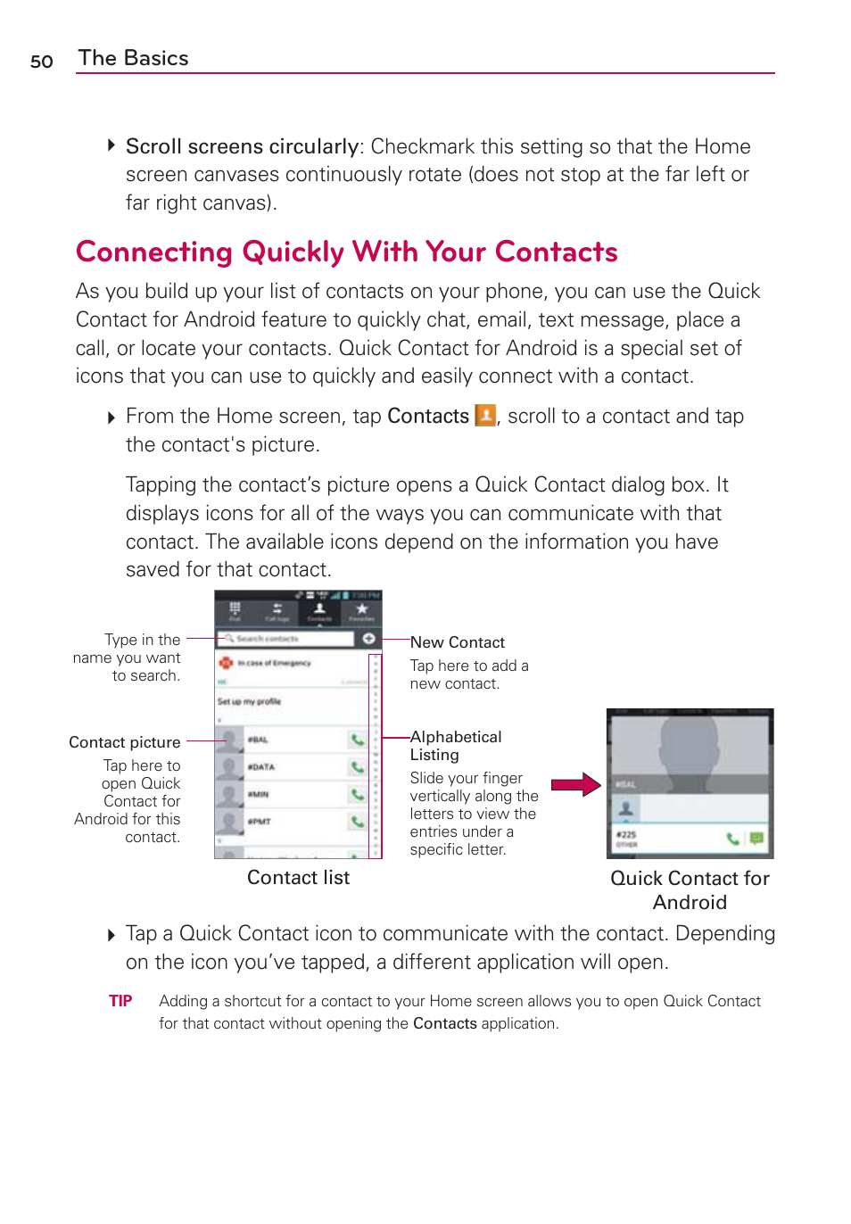 Connecting quickly with your contacts, Poofdujoh2vjdlmz8jui:pvs$poubdut, The basics | LG VS930 User Manual | Page 52 / 198