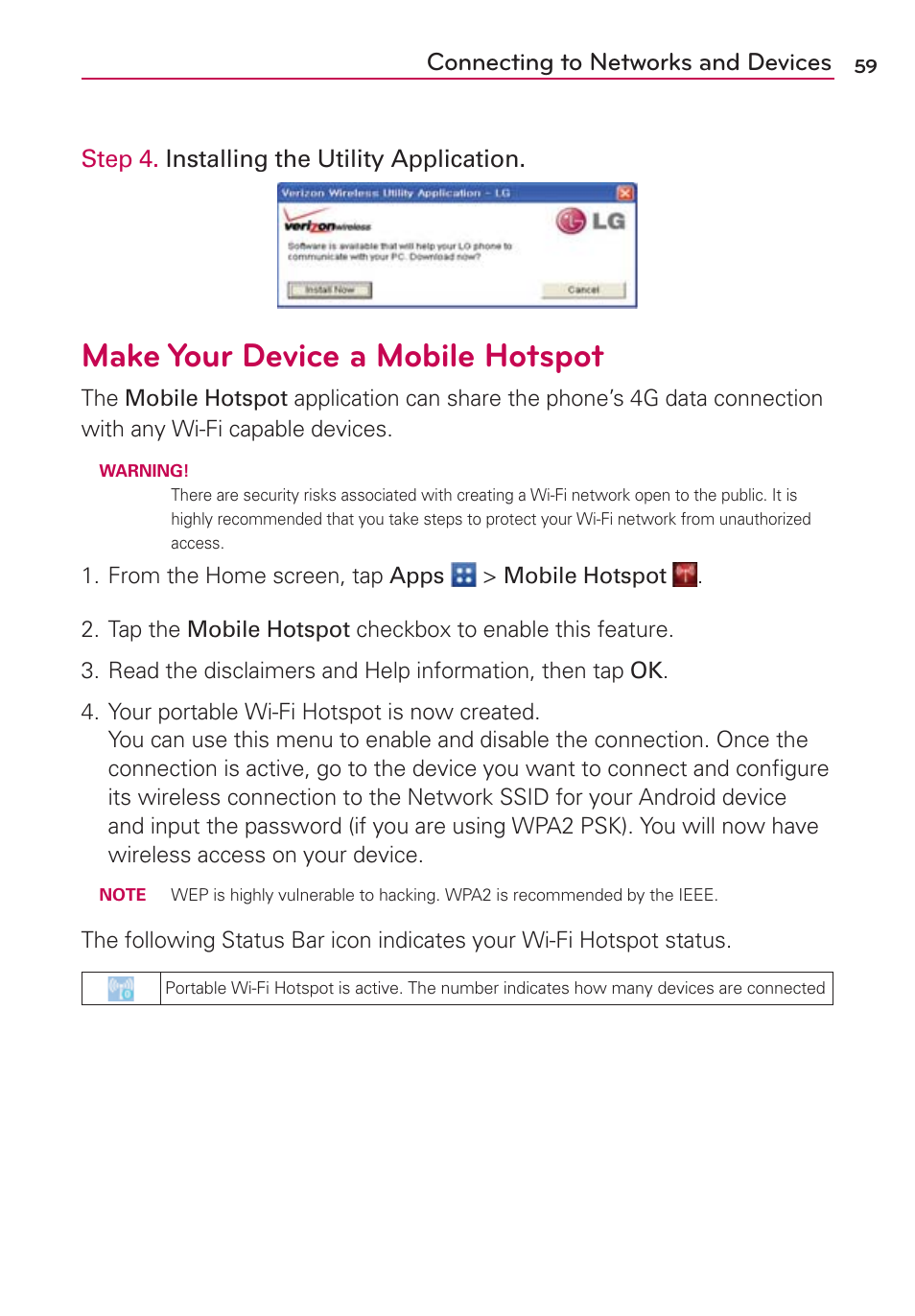 Make your device a mobile hotspot, Blf:pvs%fwjdfb.pcjmf)putqpu, Connecting to networks and devices | LG VS930 User Manual | Page 61 / 198
