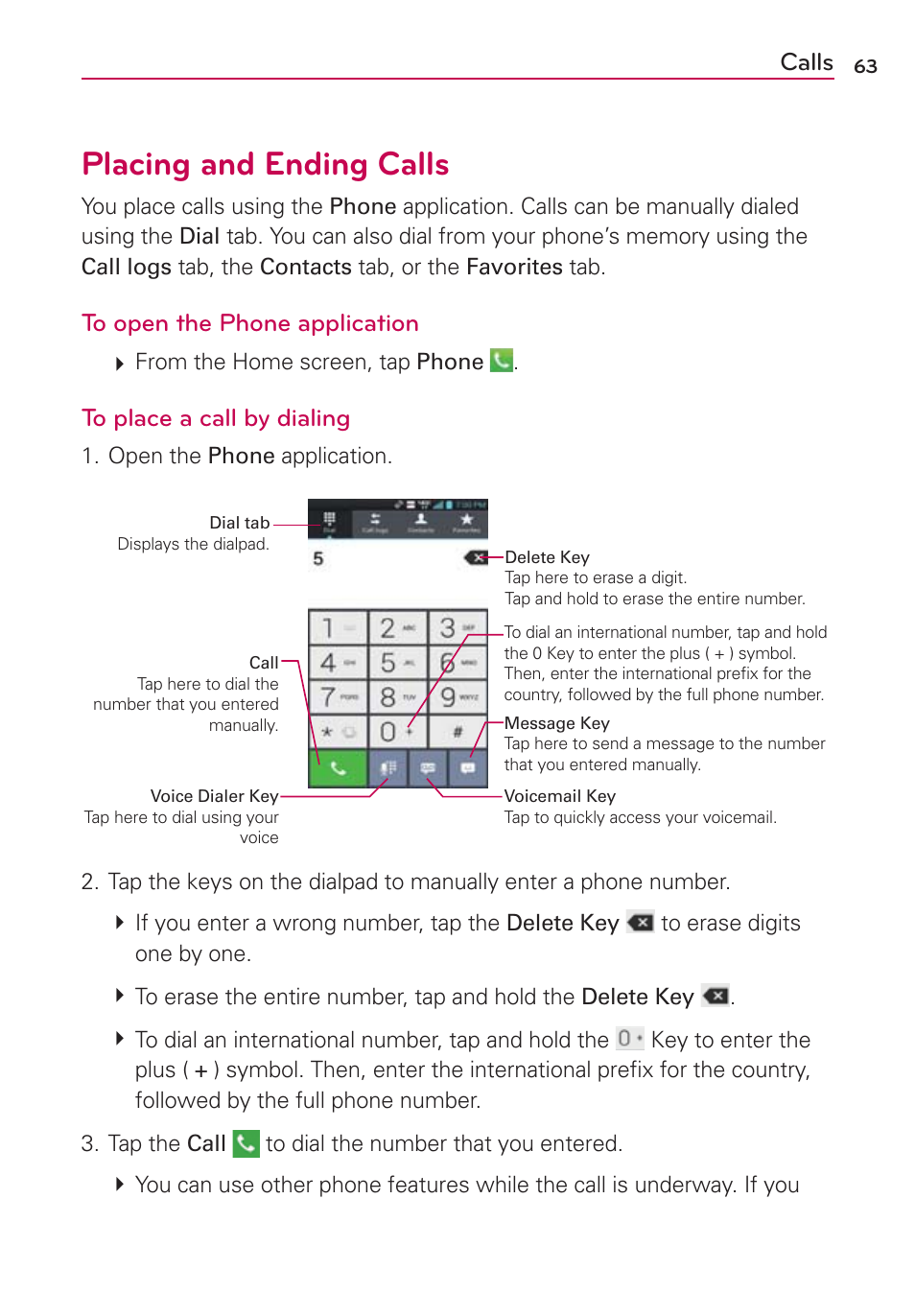 Calls, Placing and ending calls | LG VS930 User Manual | Page 65 / 198