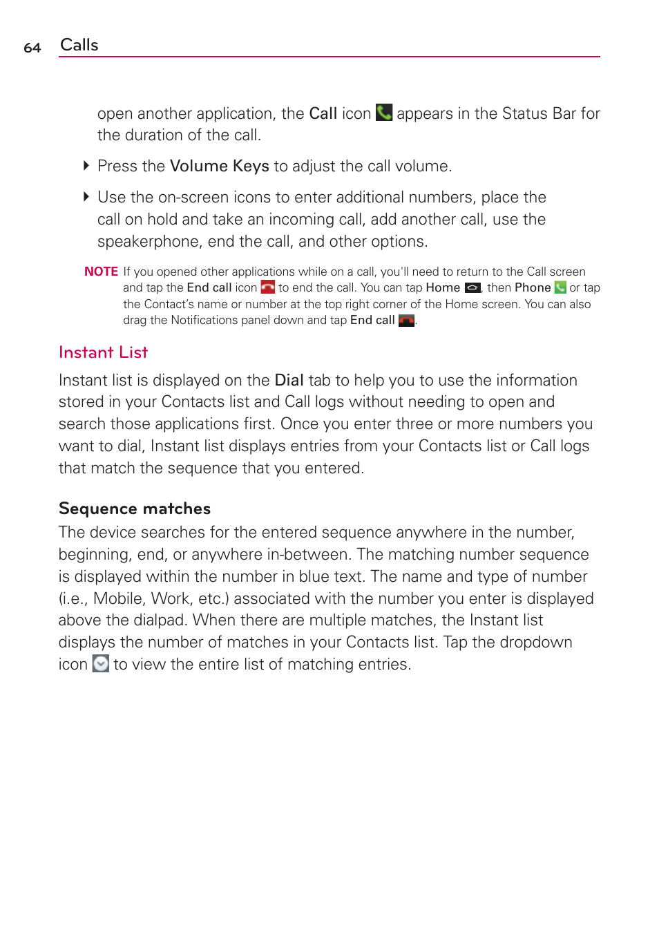 Calls, Instant list, Sequence matches | LG VS930 User Manual | Page 66 / 198