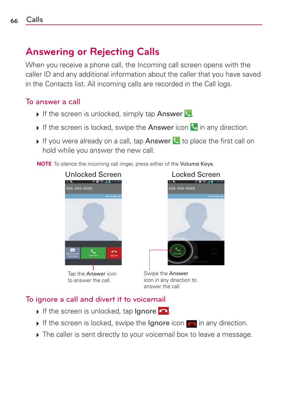 Answering or rejecting calls | LG VS930 User Manual | Page 68 / 198