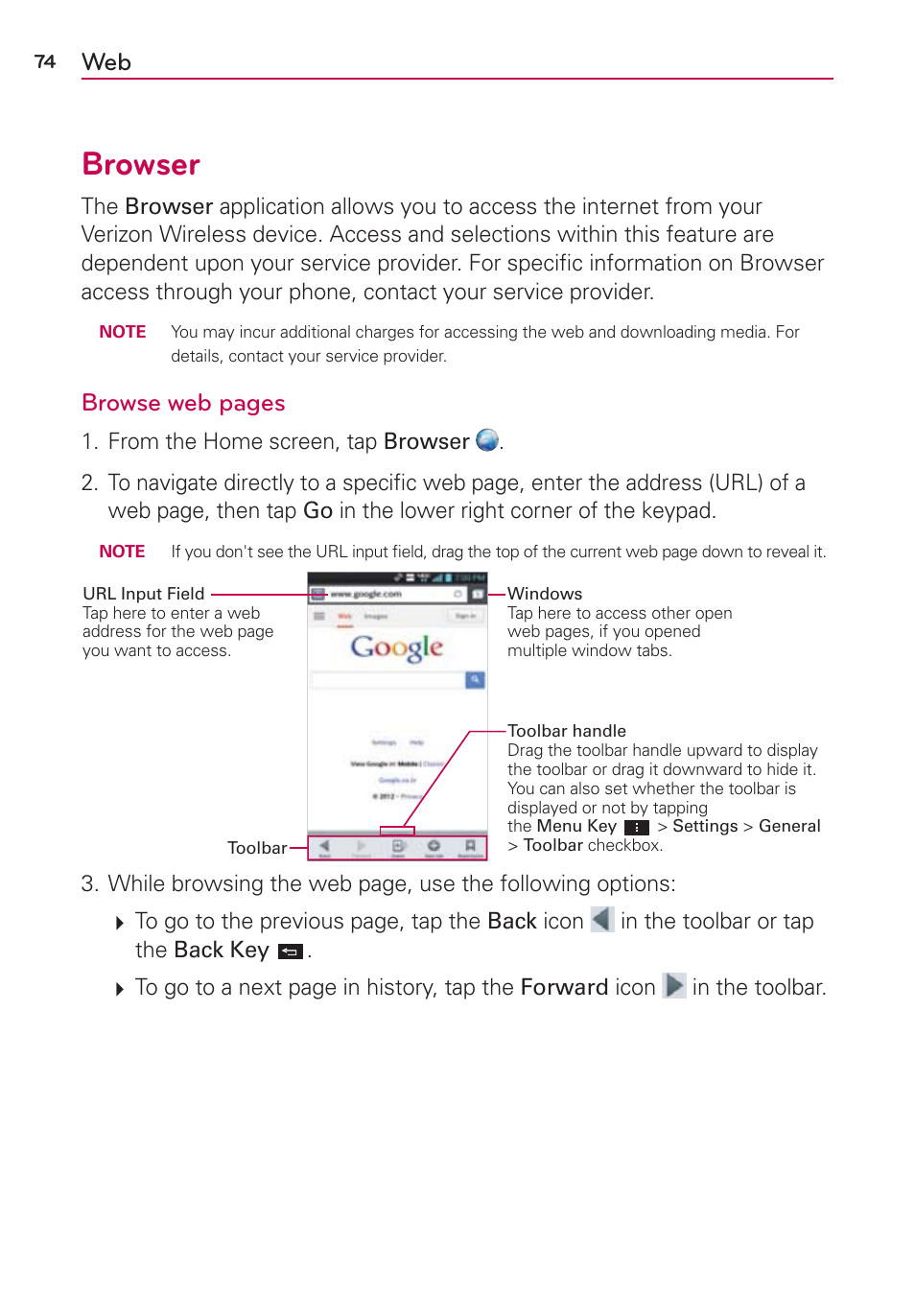 Browser, Browse web pages | LG VS930 User Manual | Page 76 / 198