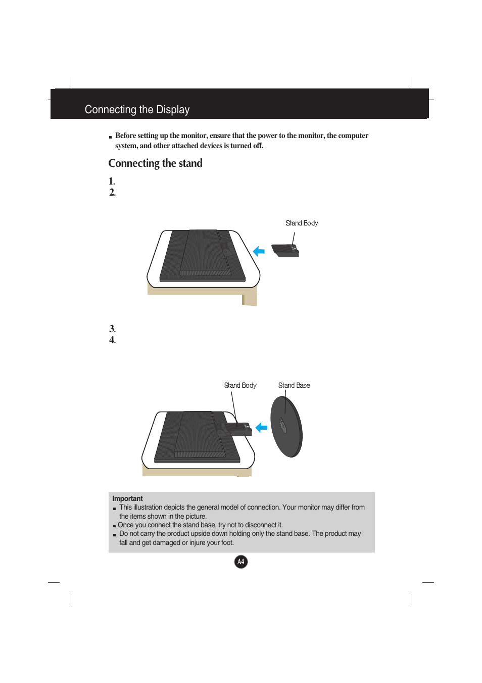Connecting the display, Connecting the stand | LG L194WTX-BF User Manual | Page 5 / 28