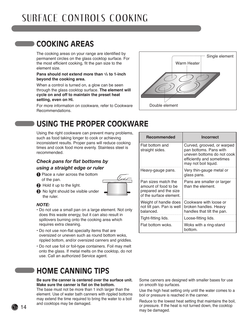 Cooking areas, Home canning tips, Using the proper cookware | LG LDE3017SW User Manual | Page 14 / 53