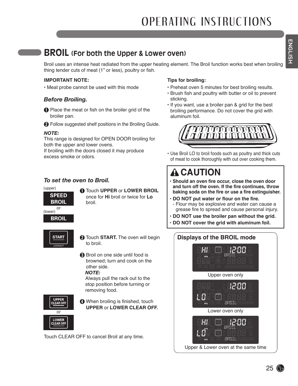Broil, Caution, For both the upper & lower oven) | LG LDE3017SW User Manual | Page 25 / 53