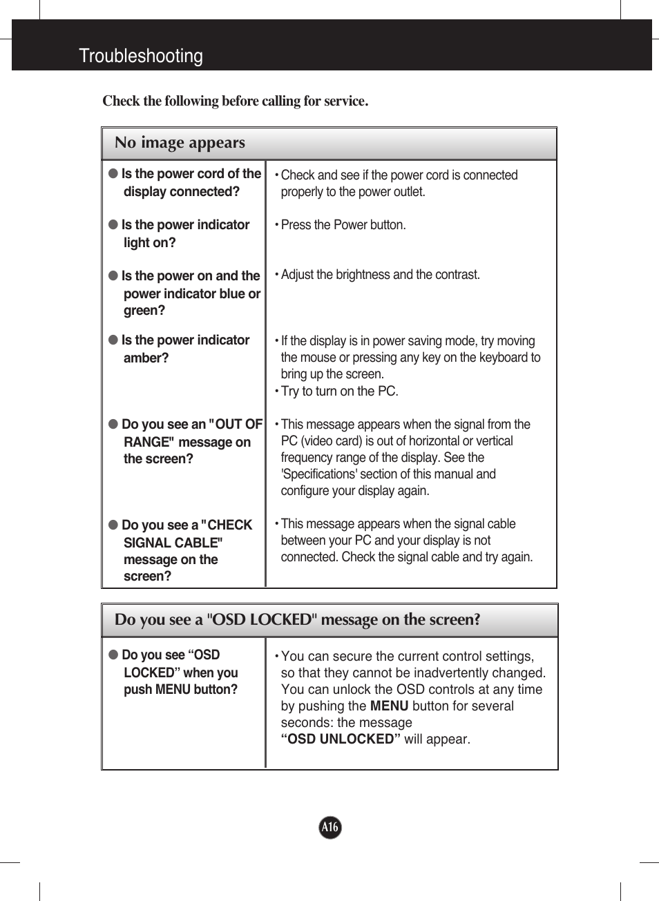 Troubleshooting, No image appears, Do you see a "osd locked" message on the screen | LG L1753S-SF User Manual | Page 17 / 25