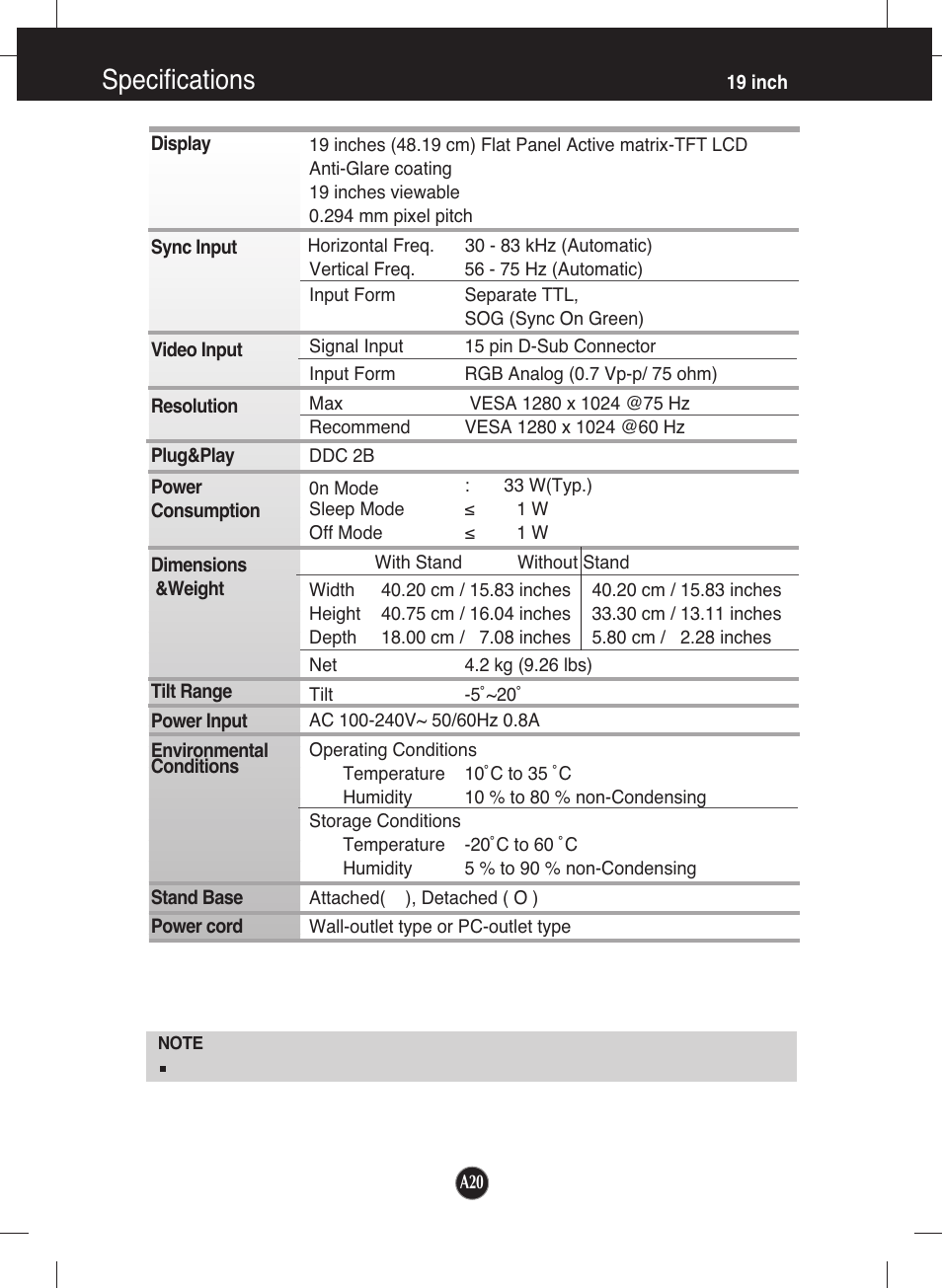 19 inch, Specifications | LG L1753S-SF User Manual | Page 21 / 25