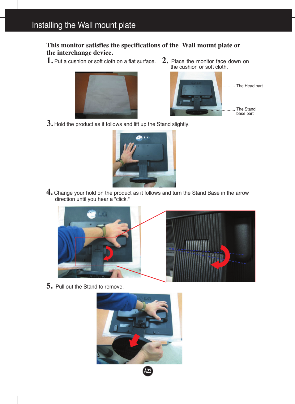 Installing the wall mount plate | LG L1753S-SF User Manual | Page 23 / 25