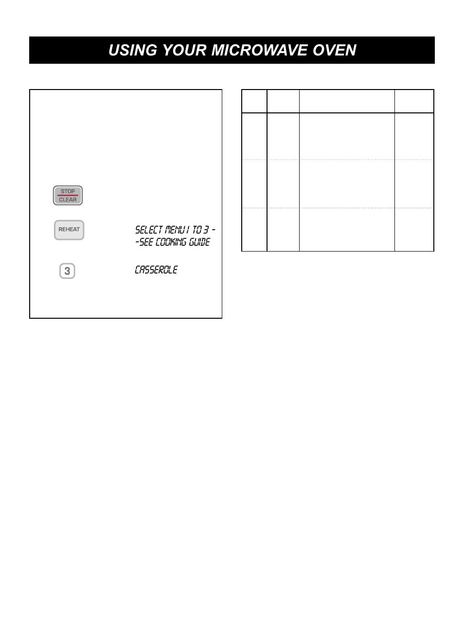 Using your microwave oven, Reheat, Reheat table | Touch: display shows | LG LCRM1240SW User Manual | Page 13 / 31