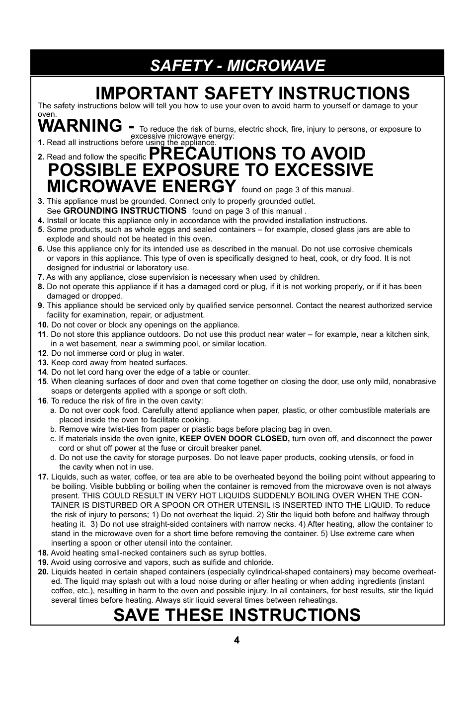 Important safety instructions, Warning, Save these instructions | Safety - microwave | LG LCRM1240SW User Manual | Page 4 / 31