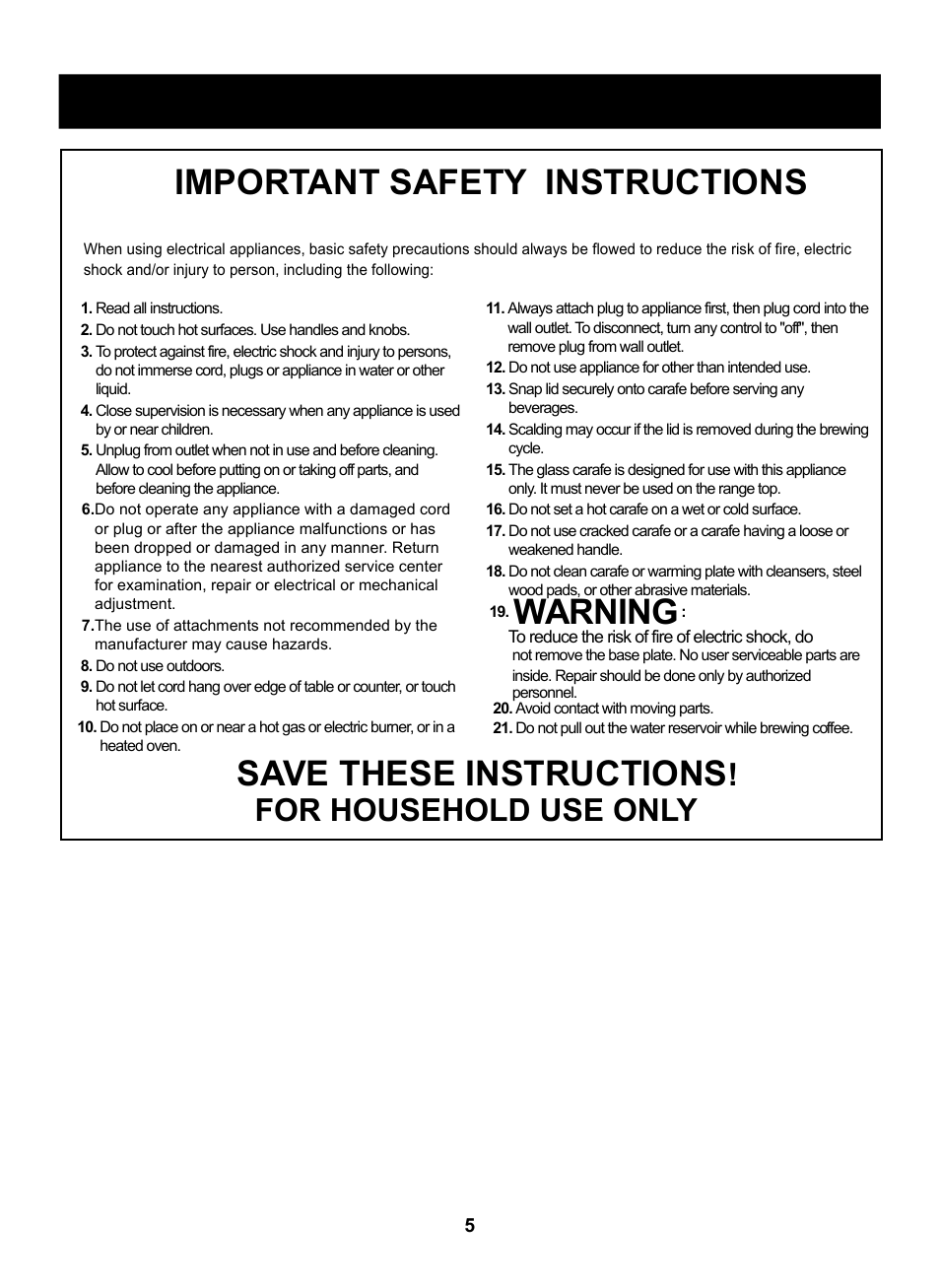 Important safety instructions, Save these instructions, Warning | Safety - coffee maker, For household use only | LG LCRM1240SW User Manual | Page 5 / 31