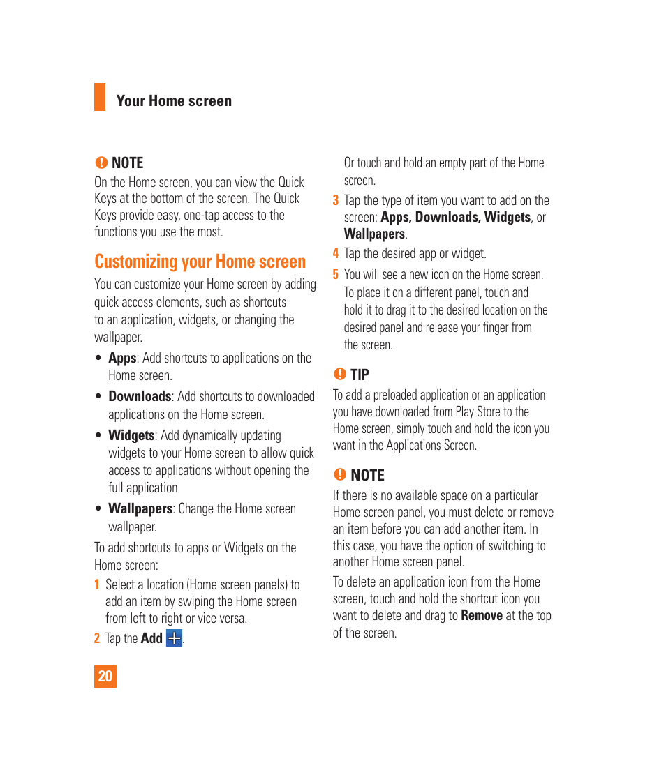 Customizing your home screen, Quick switch to silent mode | LG LGP930 User Manual | Page 20 / 104