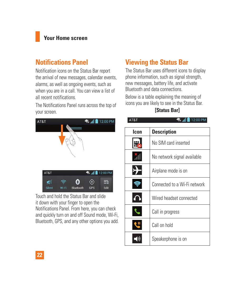 Notifications panel, Viewing the status bar, Getting back to a recently used | Application | LG LGP930 User Manual | Page 22 / 104