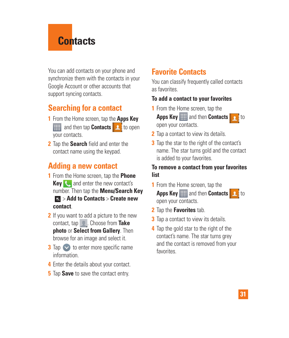 Contacts, Call settings, Contacts searching for a contact | Searching for a contact, Adding a new contact, Favorite contacts | LG LGP930 User Manual | Page 31 / 104