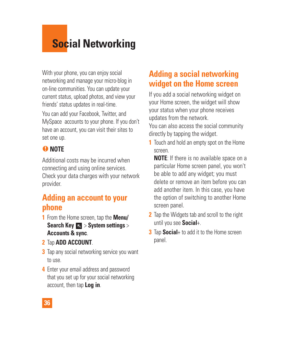 Social networking, Email, Social networking adding an account to your phone | Adding an account to your phone | LG LGP930 User Manual | Page 36 / 104