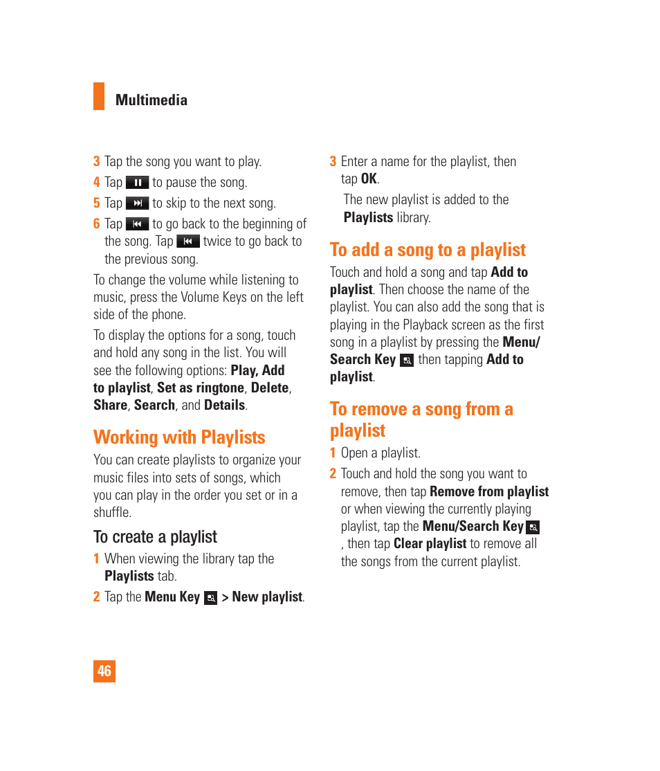 Working with playlists, To add a song to a playlist, To remove a song from a playlist | Phone, Playing a song | LG LGP930 User Manual | Page 46 / 104