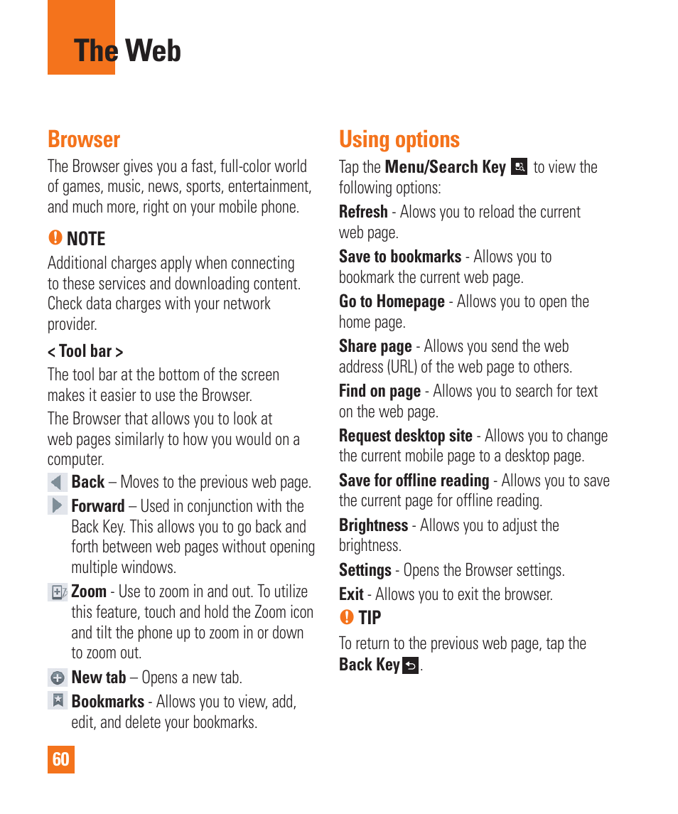 The web, The web browser, Browser | Using options | LG LGP930 User Manual | Page 60 / 104