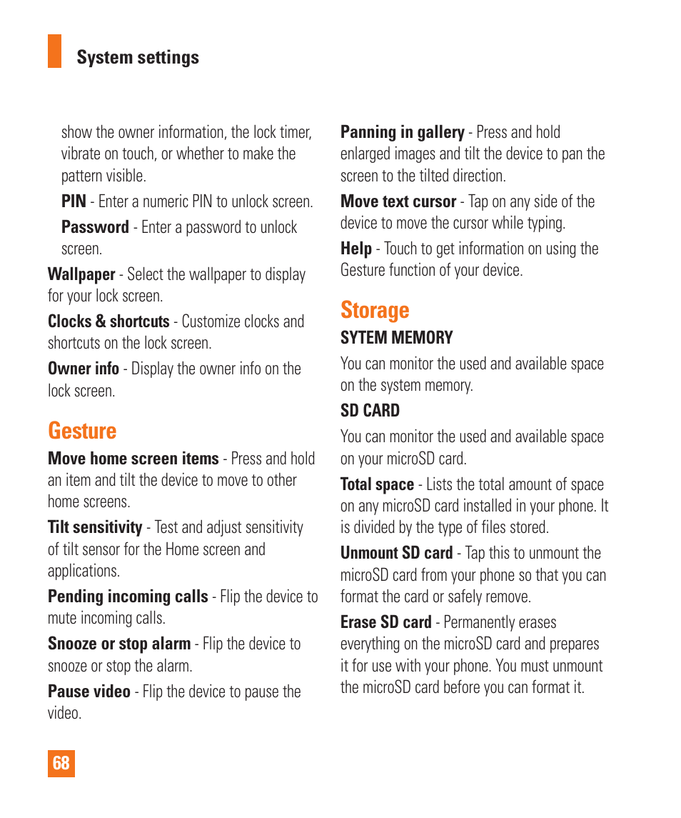 Gesture, Storage, Lock screen | LG LGP930 User Manual | Page 68 / 104