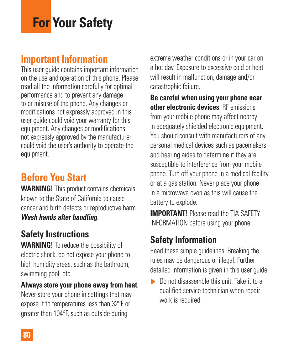 For your safety, Important information, Before you start | Safety instructions, Safety information | LG LGP930 User Manual | Page 80 / 104