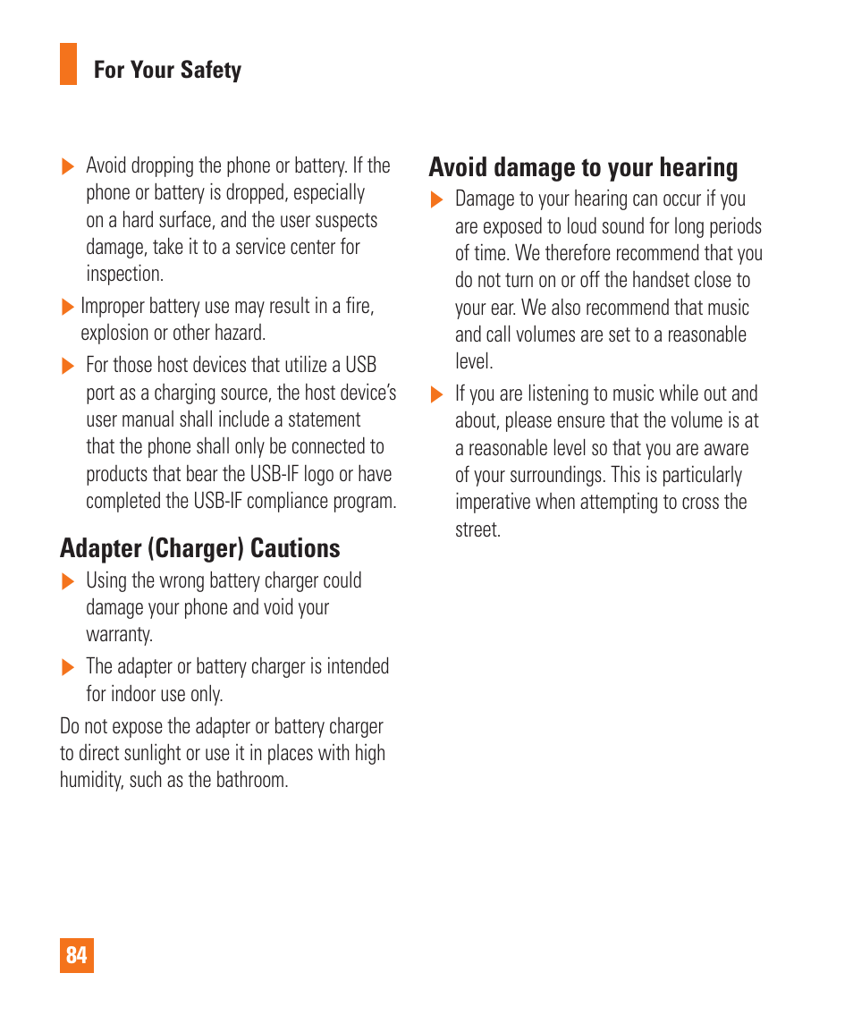 Adapter (charger) cautions, Avoid damage to your hearing | LG LGP930 User Manual | Page 84 / 104