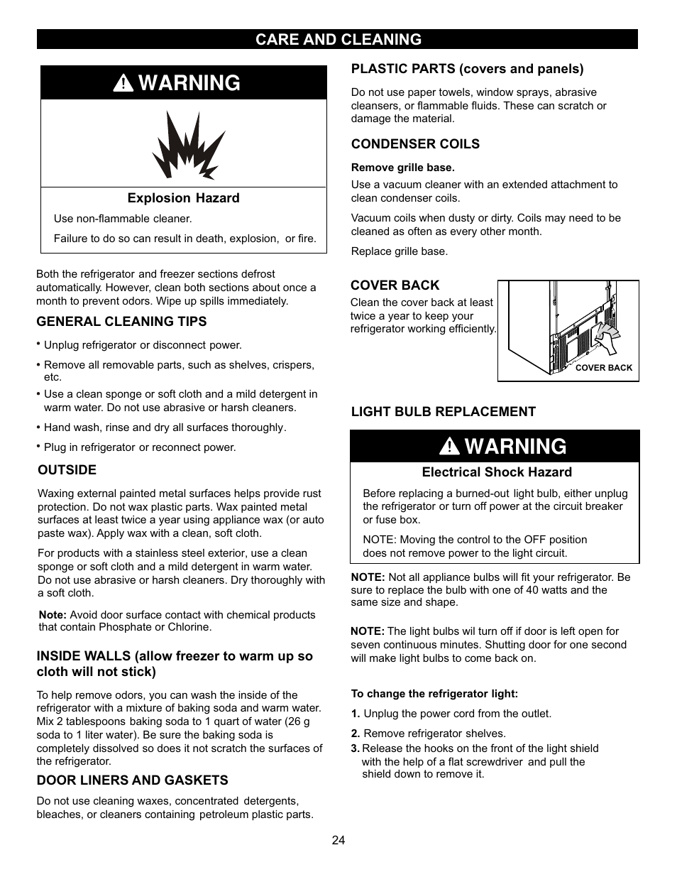 Warning, Care and cleaning | LG LFC23760ST User Manual | Page 23 / 33