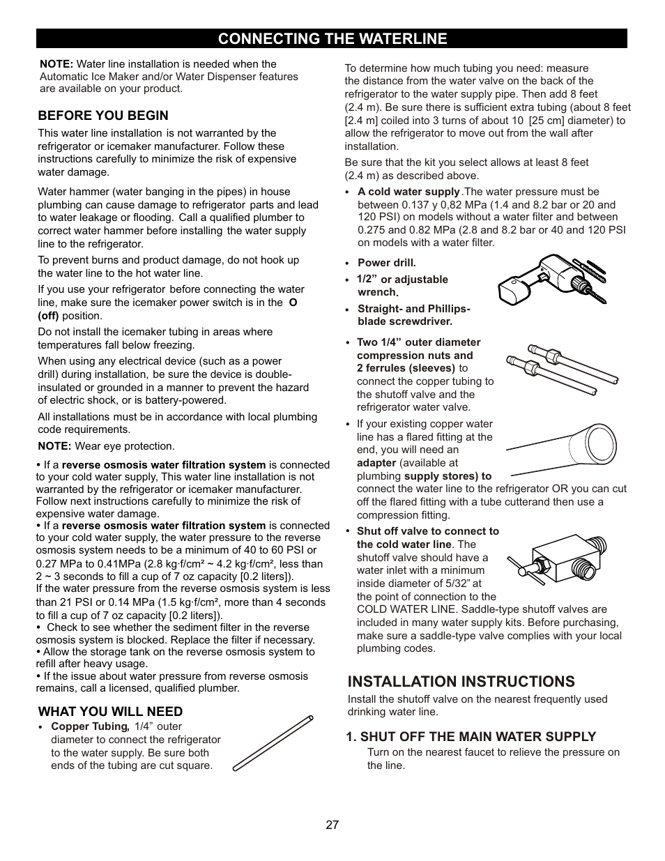Installation instructions, Connecting the waterline | LG LFC23760ST User Manual | Page 26 / 33