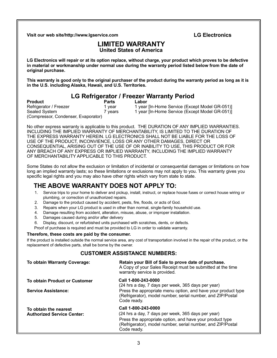 Limited warranty, Lg refrigerator / freezer warranty period, The above warranty does not apply to | LG LFC23760ST User Manual | Page 3 / 33