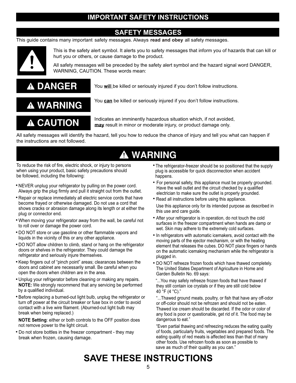 Warning, Save these instructions, Danger warning caution | Safety messages, Important safety instructions | LG LFC23760ST User Manual | Page 4 / 33