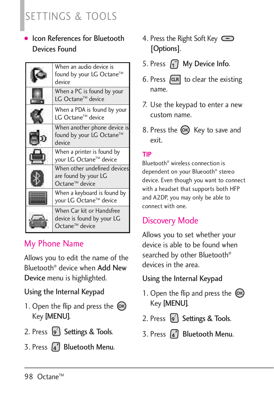 Settings & tools, My phone name, Discovery mode | Icon references for bluetooth devices found, Add new device, Using the internal keypad, Menu, Bluetooth menu, Options, My device info | LG Octane VN530 User Manual | Page 100 / 345