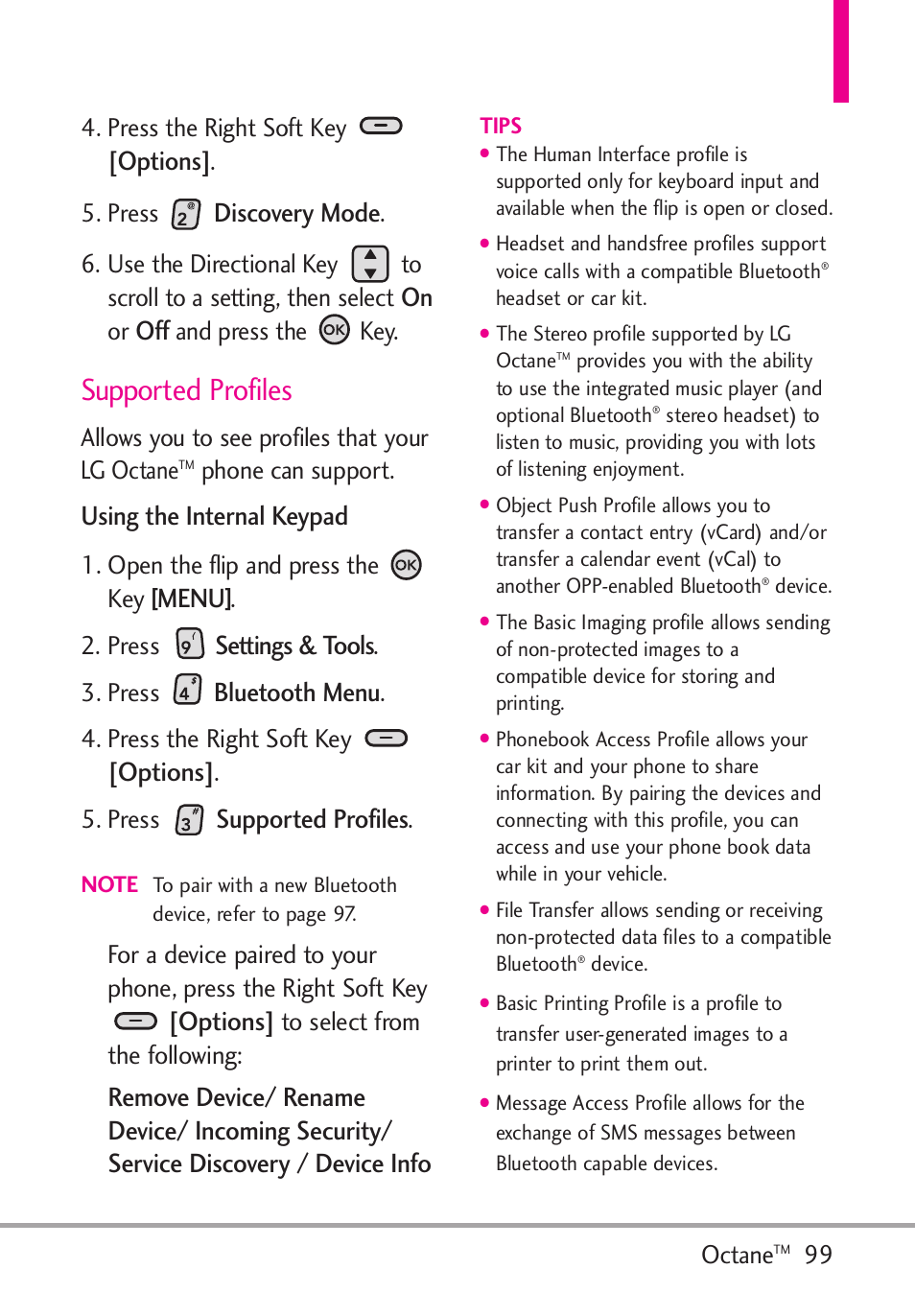Supported profiles, Options, Discovery mode | Using the internal keypad, Menu, Settings & tools, Bluetooth menu | LG Octane VN530 User Manual | Page 101 / 345
