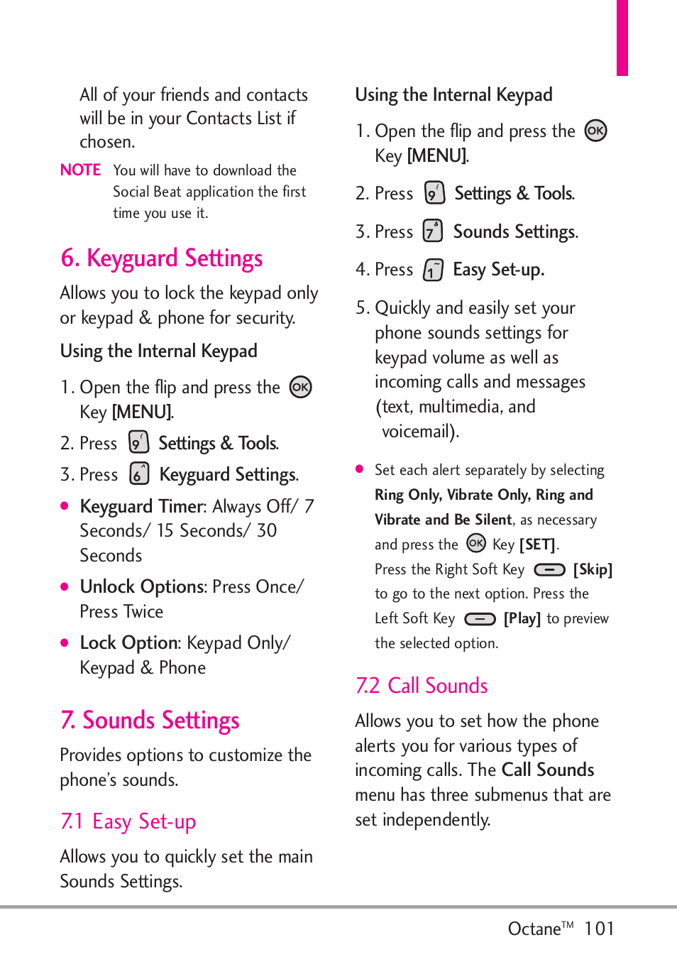 Keyguard settings, Sounds settings, 1 easy set-up | 2 call sounds, Keyguard settings 7. sounds settings | LG Octane VN530 User Manual | Page 103 / 345