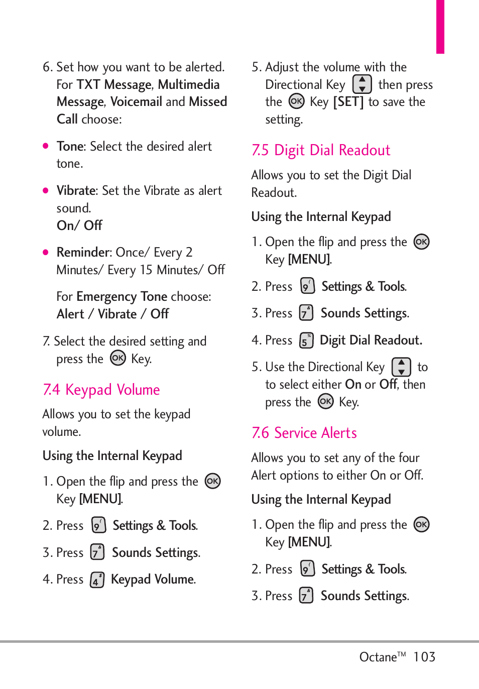 4 keypad volume, 5 digit dial readout, 6 service alerts | LG Octane VN530 User Manual | Page 105 / 345
