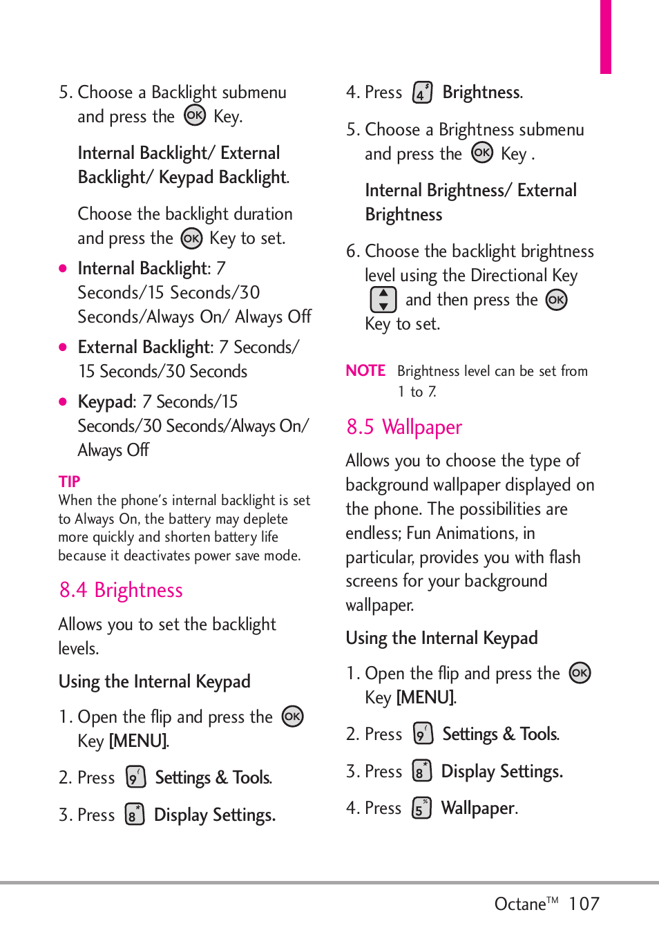 4 brightness, 5 wallpaper | LG Octane VN530 User Manual | Page 109 / 345
