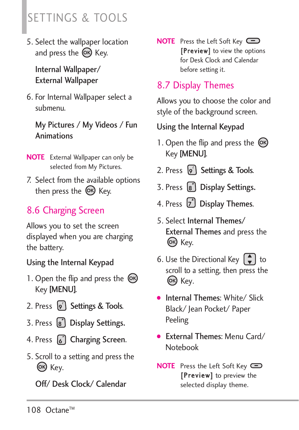 6 charging screen, 7 display themes, Settings & tools | LG Octane VN530 User Manual | Page 110 / 345