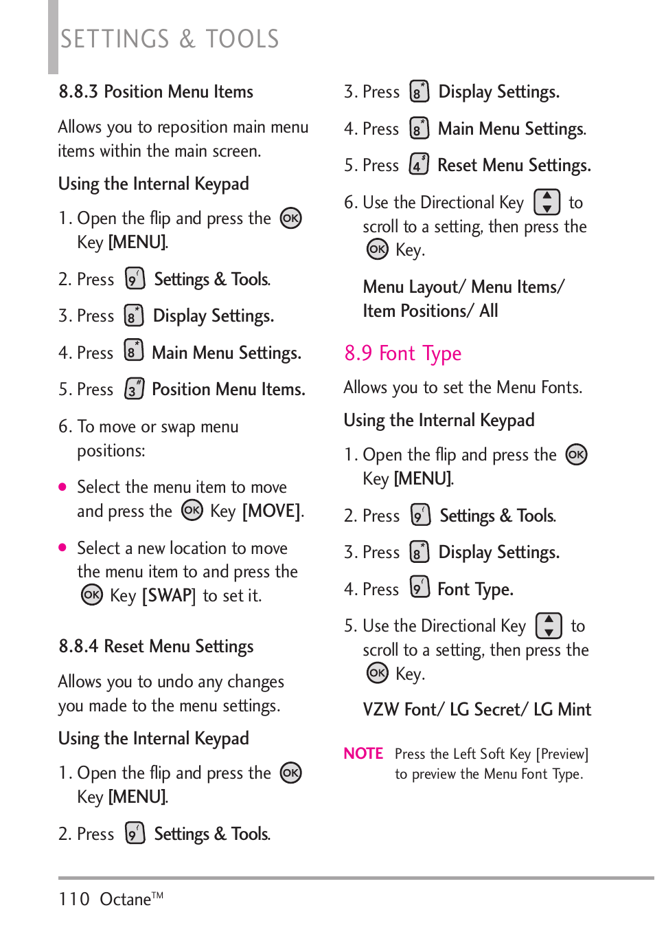 3 position menu items, 4 reset menu settings, 9 font type | 3 position menu items 8.8.4 reset menu settings, Settings & tools | LG Octane VN530 User Manual | Page 112 / 345