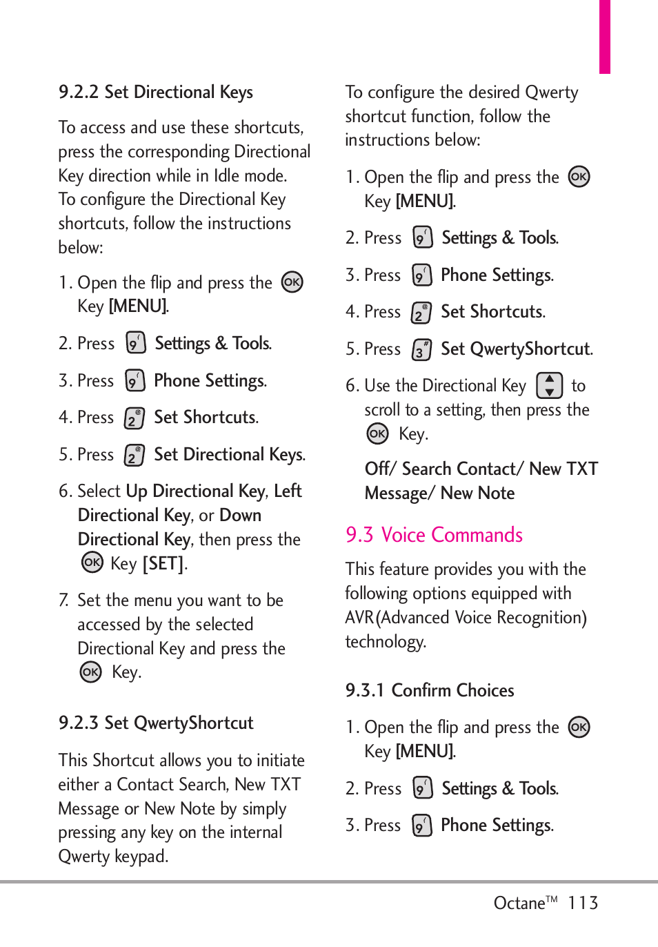 2 set directional keys, 3 set qwertyshortcut, 3 voice commands | 1 confirm choices, 2 set directional keys 9.2.3 set qwertyshortcut | LG Octane VN530 User Manual | Page 115 / 345