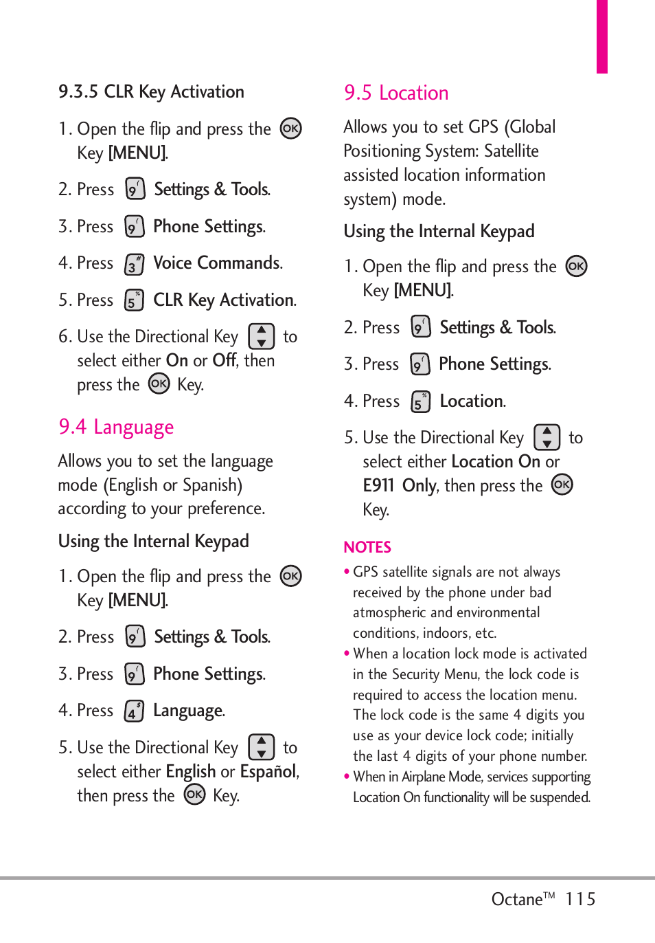 5 clr key activation, 4 language, 5 location | LG Octane VN530 User Manual | Page 117 / 345