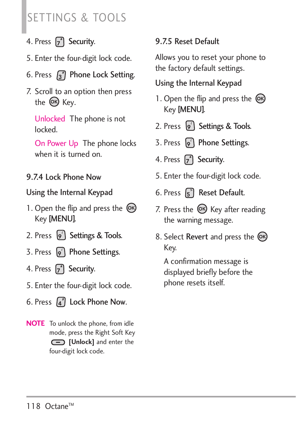 4 lock phone now, 5 reset default, 4 lock phone now 9.7.5 reset default | Settings & tools | LG Octane VN530 User Manual | Page 120 / 345