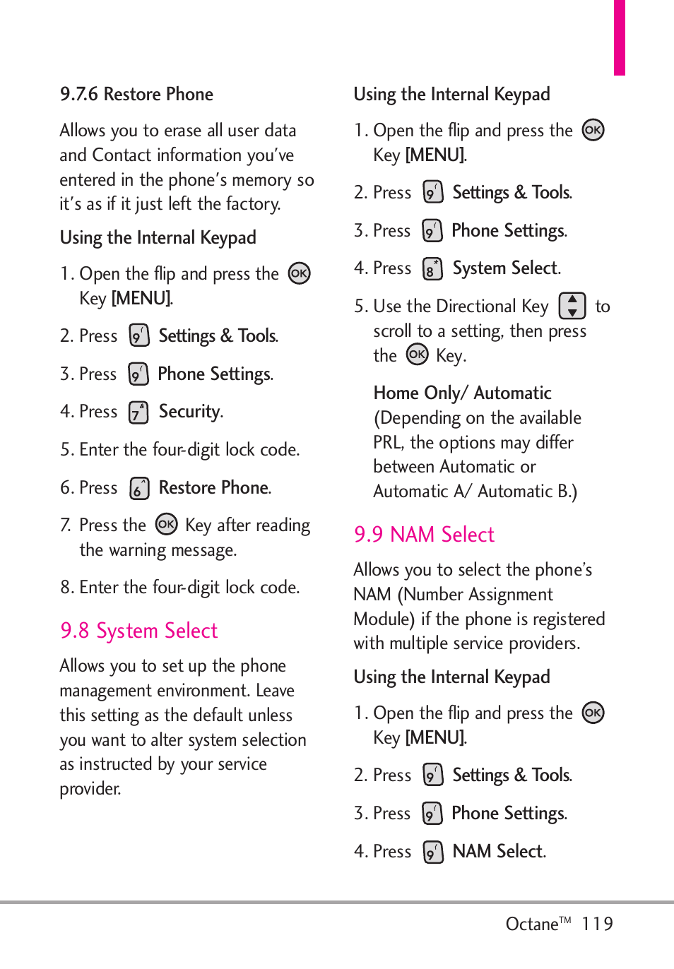 6 restore phone, 8 system select, 9 nam select | LG Octane VN530 User Manual | Page 121 / 345