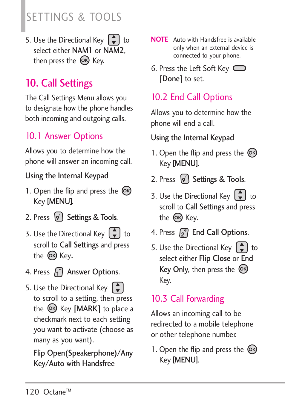 Call settings, 1 answer options, 2 end call options | 3 call forwarding, Settings & tools | LG Octane VN530 User Manual | Page 122 / 345