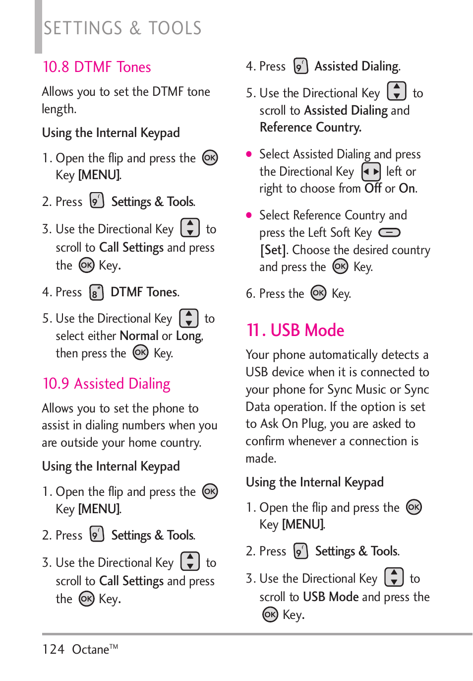 8 dtmf tones, 9 assisted dialing, Usb mode | Settings & tools | LG Octane VN530 User Manual | Page 126 / 345