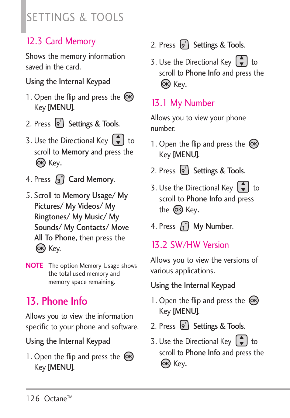 3 card memory, Phone info, 1 my number | 2 sw/hw version, Settings & tools | LG Octane VN530 User Manual | Page 128 / 345