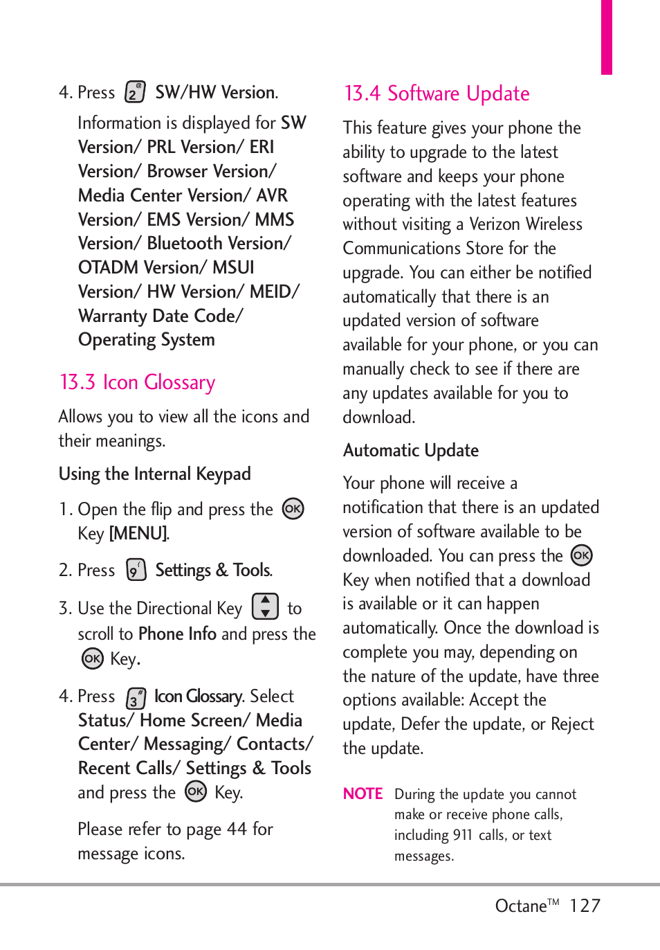 3 icon glossary, 4 software update | LG Octane VN530 User Manual | Page 129 / 345