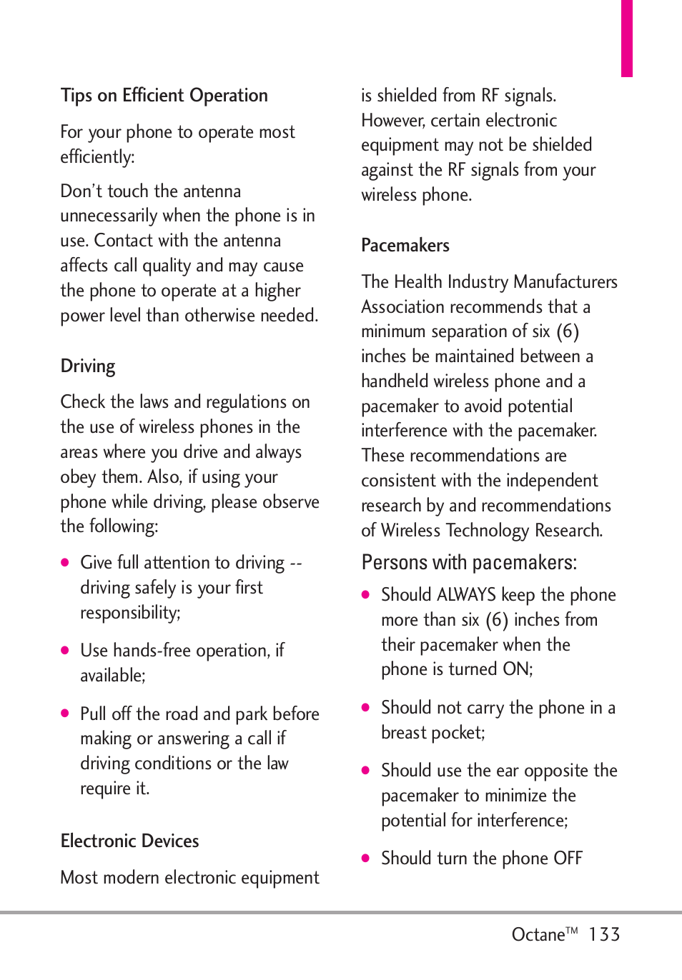 Tips on efficient operation, Driving, Electronic devices | Pacemakers, Persons with pacemakers | LG Octane VN530 User Manual | Page 135 / 345