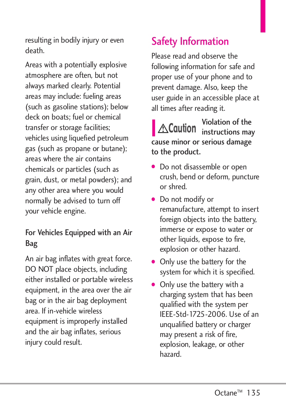 For vehicles equipped with a, Safety information, For vehicles equipped with an air bag | Caution | LG Octane VN530 User Manual | Page 137 / 345