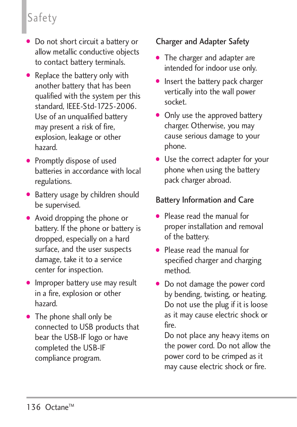 Charger and adapter safety, Battery information and care, Safety | 136 octane, Battery usage by children should be supervised | LG Octane VN530 User Manual | Page 138 / 345